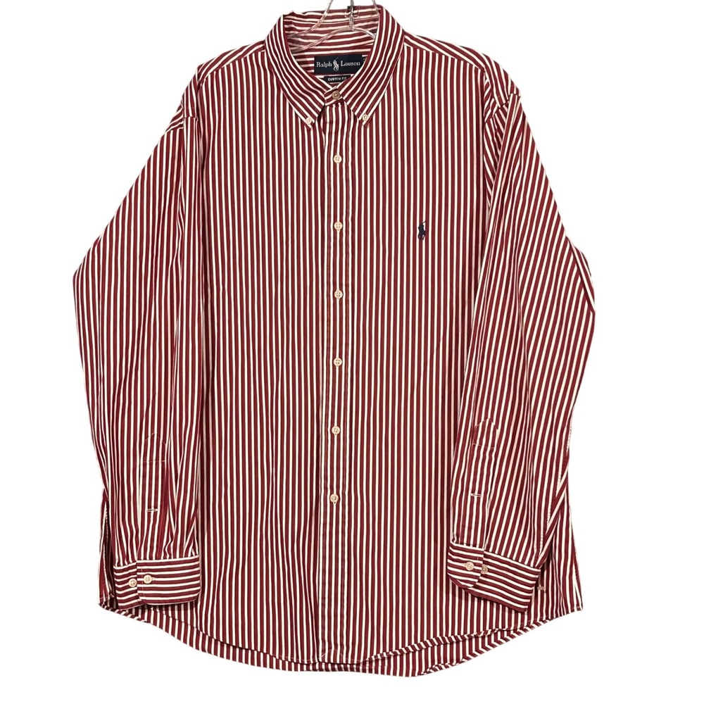 Ralph Lauren Custom Fit Mens Red White Striped Button Down Shirt 17.5 34/35